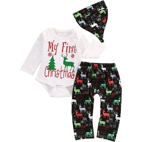My First Christmas Clothes Newborn Baby Boy Girl Romper Pants Deer Print Outfits Size 0-24M