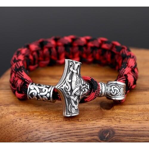Stainless Steel Mens Norse Viking Thor Hammer Mjolnir Parachute cord Handmade weaving Bracelet Mens Amulte Gift