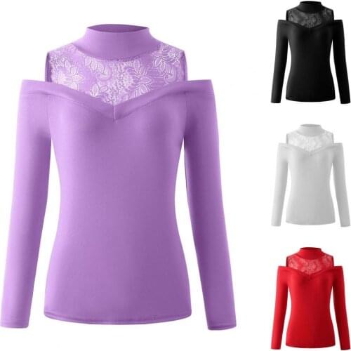 New Trendy Women Office Slim Pullover Top Sexy Lace Collar Patchwork Off Shoulder Long Sleeve Shirt Tops for Daily Wear