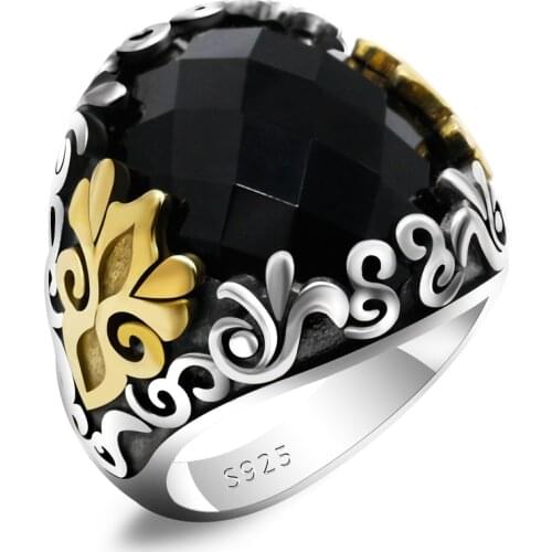New Handmade 925 Sterling Silver Mens Ring With Large Black Zirconia Silver Oxide Ring as a Gift Turkish Mens Fashion Jewelry