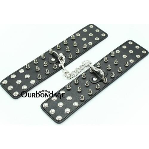 Ourbondage PU Leather Black Strap with Rivit Spikes BDSM Fetish Bondage Wrist Ankle Cuffs Restraints For Adult Sex Toy