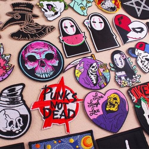 Prajna Punk Biker Patches Skull Embroidered Patches For Clothing Badges Iron On Patches Stripe On Clothes Applique Jacket Jeans
