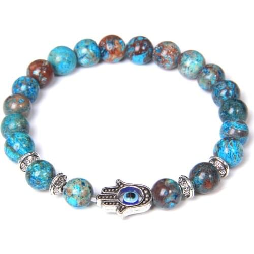 Fatima Hand Bracelets Women Natural Blue Kyanite Bracelet For Women 8 mm Stone Beads Pulsera Silver -plated Bangle Homme Jewelry