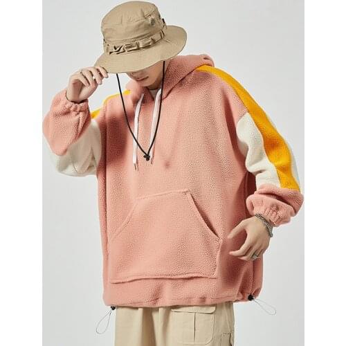 Chic Lambswool Jacket Hoodie Men Casual Patchwork Loose Hoodies Korean Autumn New Youth Clothes Fashion High Street Pullover