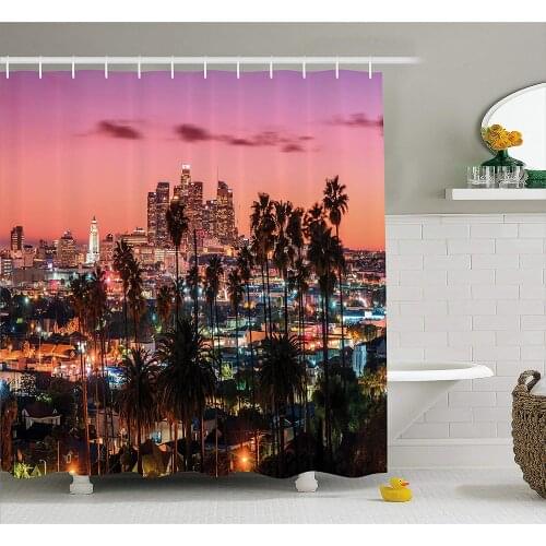 United States Shower Curtain Sunset Twilight Scenery Los Angeles Famous Downtown Palm Trees Fabric Bathroom Decor Set with Hooks