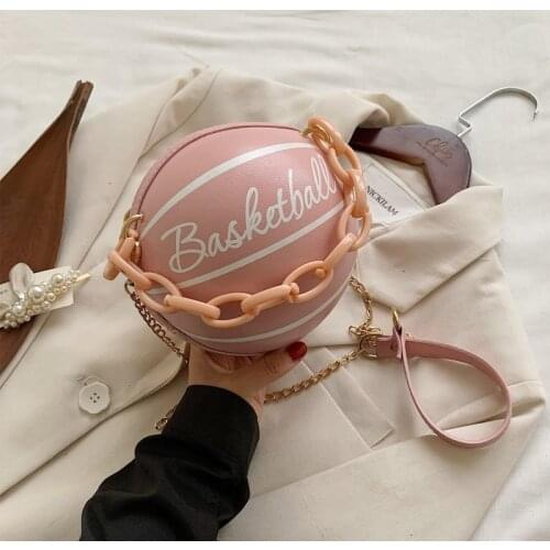 Women Basketball Round PU Leather Shoulder Crossbody Bag Tote Chain Satchel 20CA