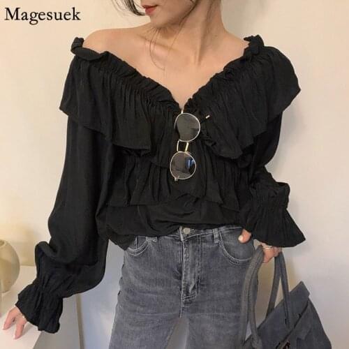French Ruffle Stitching Elegant Blouse Women V Neck 2021 Spring Long Sleeve Chiffon Shirt Ladies Tops Sexy Blusas Mujer 15619
