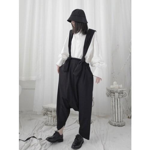 Yamamoto style black nine-cent overalls women loose personality design sense of small Japanese Hepburn style pants