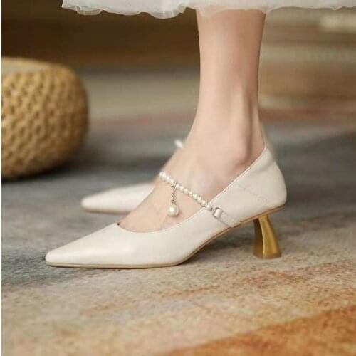 New Sexy One Word Buckle Single Shoes Women Stiletto Shallow Mouth Pearl Retro Mary Jane Shoes French Black High Heels Pumps