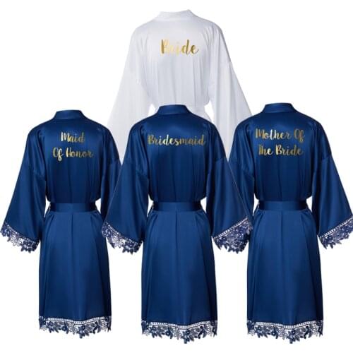 Women New Bride Bridesmaid Robe Silky Matt Satin Lace Bridal Robes Wedding Gift Bathrobe Kimono Sleepwear Navy