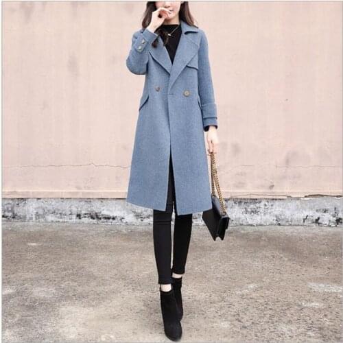 Women Autumn Winter Solid Long Sleeve Double Breasted Buttons Slim Woolen Coat Ladies Casual Plus Size 2XL Outwear Z282