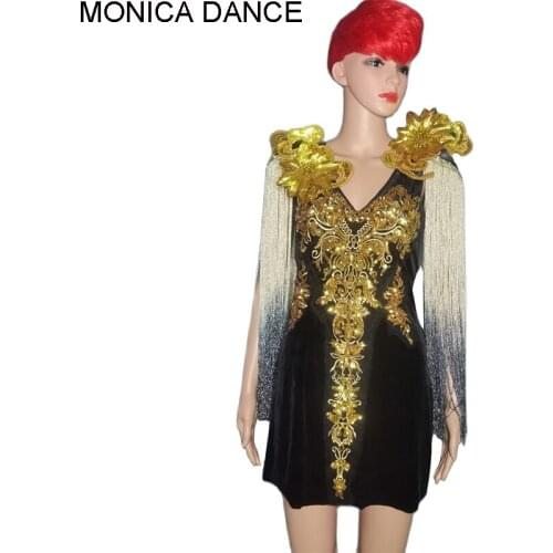 Women Sexy Sparkly Gold Sequins Tassel Sleeve Velvet Short Dress Singer Stage Wear Birthday Celebrate Evening Party Show Costume