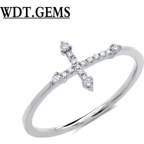 0.09 ct 10k White Gold Natural Round Cut Real Diamond Cross Ring Jewelry