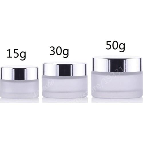 200pcs 50g 30g 20g 15g 10g 5g Frost Glass Cream Jar with silver gold black lids 1oz Glass Container 1/3oz Cosmetic Packaging