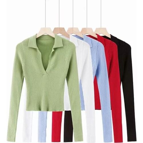 2021 Winter tops for women pullover black sweater women sexy v neck sweater ladies polo shirts kawaii crop sweater streetwear