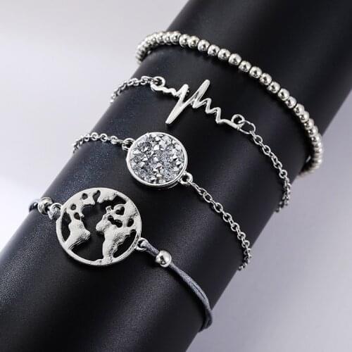 4 Pcs/set Bohemian Female Round Crystal Map Pendant Charm Bracelets For Women Fashion Metal Round Beaded Bracelet Jewelry Gifts