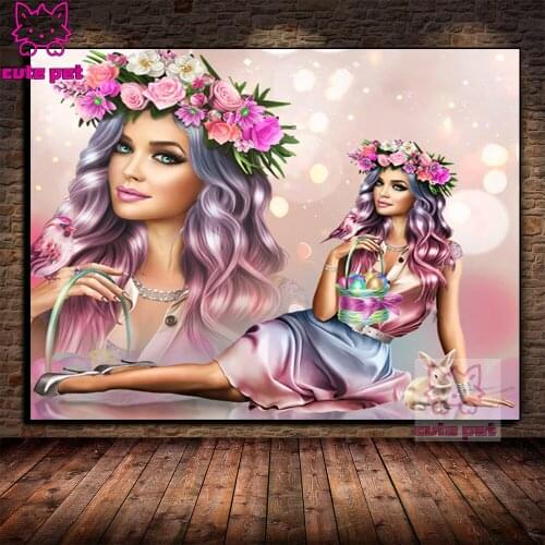 5D DIY full square round diamond painting Pretty woman wearing wreath mosaic art rhinestone embroidery cross stitch kits decor