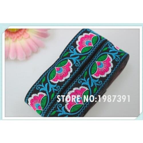 7yards/lots Woven Jacquard Ribbon 3.3cm pink flowers black background LS-5759