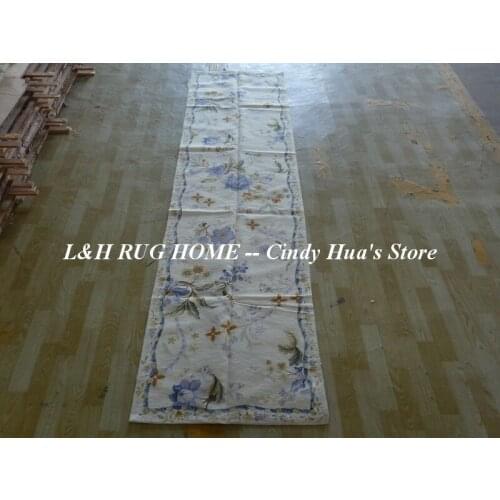 Free shipping 2.5'x10' Runner Handmade Floral English Garden Blue Roses Wool Needlepoint Rug