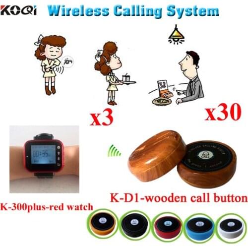Wireless Waiter Call Buzzer System 3 Watch Receiver +30pcs Buttons For Restaurant Pager Equipment