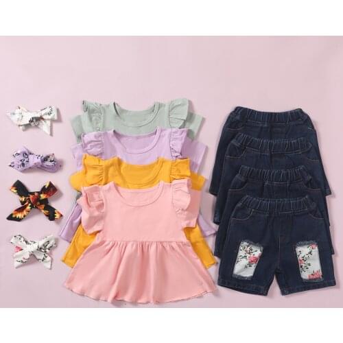3Pcs Kids Summer Outfit, Solid Color Short Sleeves Blouse + Floral Patchwork Shorts + Hairband for Girls, 18 Months to 6 Years