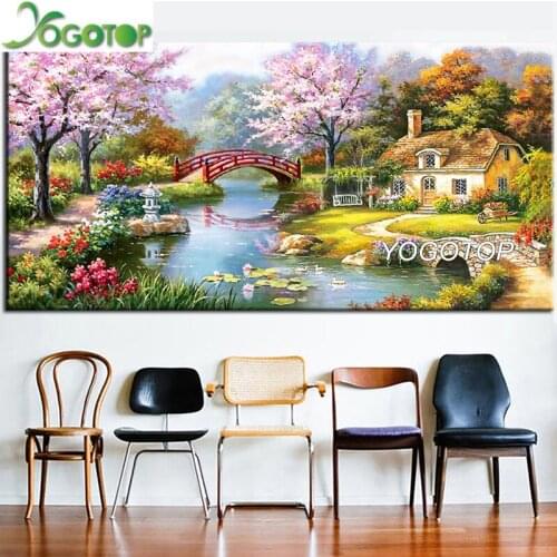 Large cherry blossom Bridges cabin diy Diamond Painting natural landscape Diamond Embroidery Mosaic Rhinestone sakuras YY3328