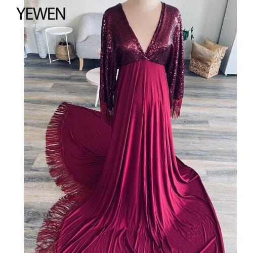 Burgundy Boho Evening Dress Flutter Dress Maternity Gowns for Photo Shoot Bohemian Beach Photography Dress YEWEN