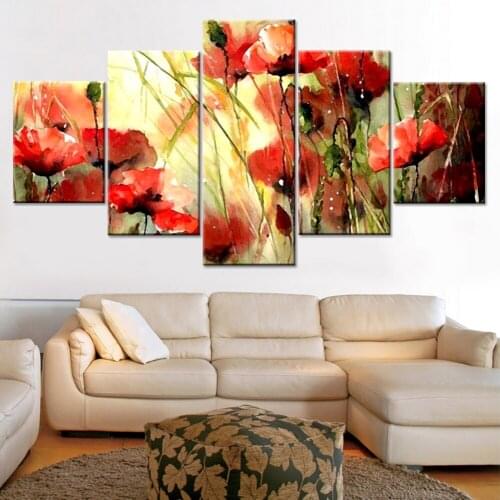 Decorative Painting 5 Piece HD Printed Red flowers Painting Canvas Print Room Decor Poster Picture Canvas 5 Piece Canvas Art
