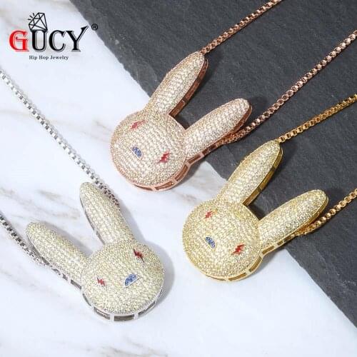 GUCY NEW Bunny Pendant Necklace Iced Out AAA Cubic Zirconia Bling Mens Women Hip Hop Jewelry