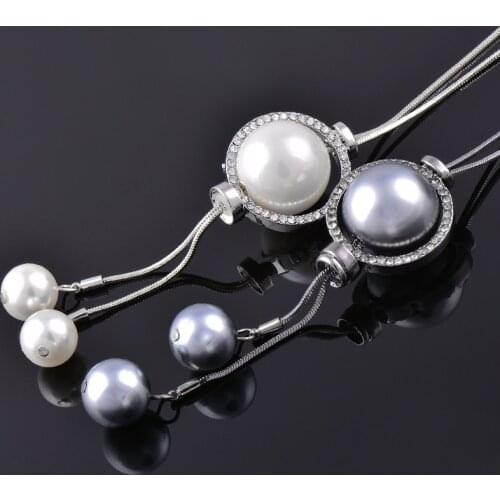 KIOOZOL 2 Layers Pearl Adjustable White Gold Plated Pendant Black Silver Color Long Necklace For Women Statement Jewelry 048 KO2