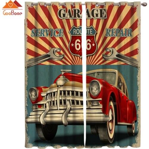 Classic Poster Retro Car Route 66 Window Curtains Living Room Outdoor Fabric Drapes Curtain Home Decor