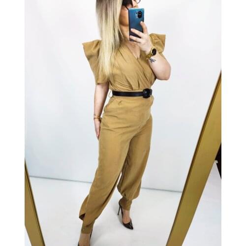 Spring New Solid Colored Womens Rompers With Belt Elegant Sleeveless Strap Long Pants Adjustable High Waist Pocket Cotton Rompe
