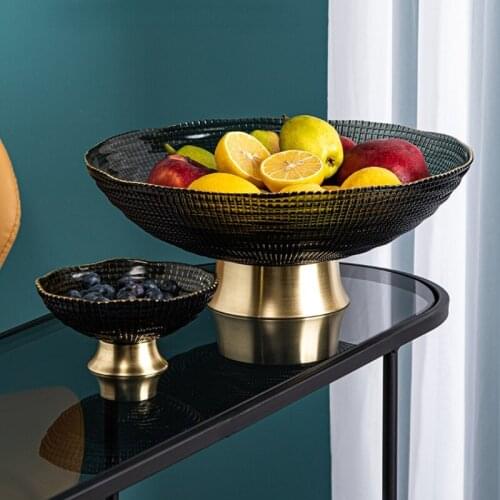 Creative High-end Glass Fruit Snack Tray Living Room Home Coffee Table Brass Inlaid Base Candy Tray Desktop Storage Decoration