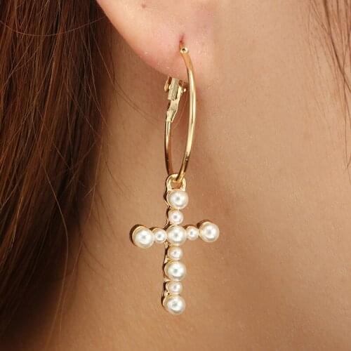 Fashionable OL wind cross handmade pearl inlaid alloy metal earrings earrings