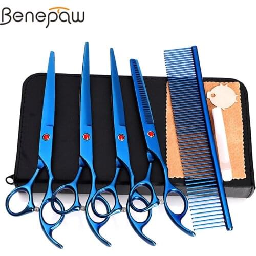 Benepaw Dog Grooming Set Of Scissors Stainless Steel Rounded Tip Thinning Straight Curved Shears Comb Wiping Cloth Leather Case
