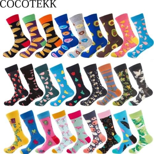 Brand Hight Quality Combed Cotton Men Socks 27Colors Happy Funny Colorful Socks Flamingos Avocado Fruit Socks Designer DIY Socks