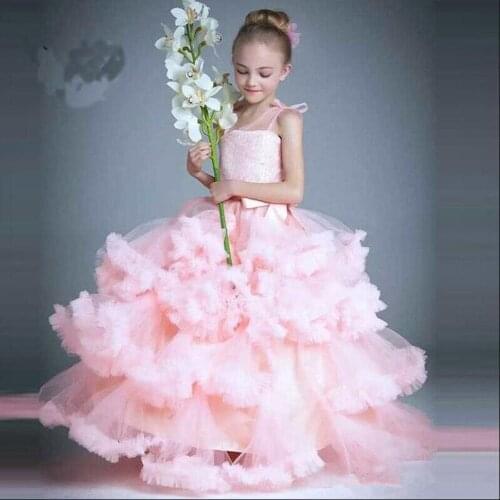 Pink Puffy Girls Pageant Gowns Princess Dress Ball Gowns Tulle Flower Girl Dress with Cloud Ruffle Girls Celebrity Gowns Custom