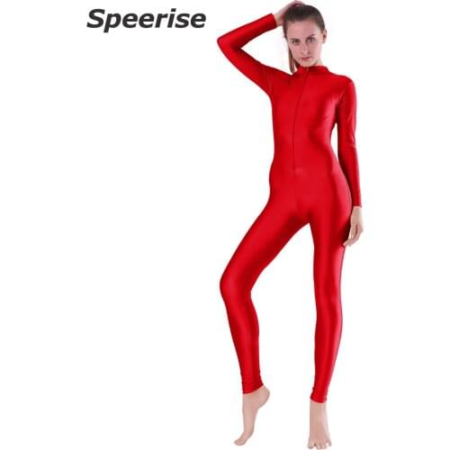 Speerise Woman Black Unitard Front Zipper Spandex Bodysuit Ballet Dance Wear Adults Men Mock Neck Aerial Yoga Bodycon Costumes