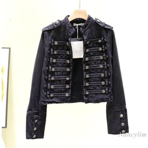 Nancylim Black Stand Collar Short Slim Handsome Jeans Coat Womens Retro Court Double Breasted Blue Denim Jacket Veste En Jean