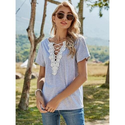 Summer Clothes For Women Lady Slim Solid Color Leisure Loose Lace Splicing V-Neck Short Sleeve T-Shirt Comfortable T-Shirts