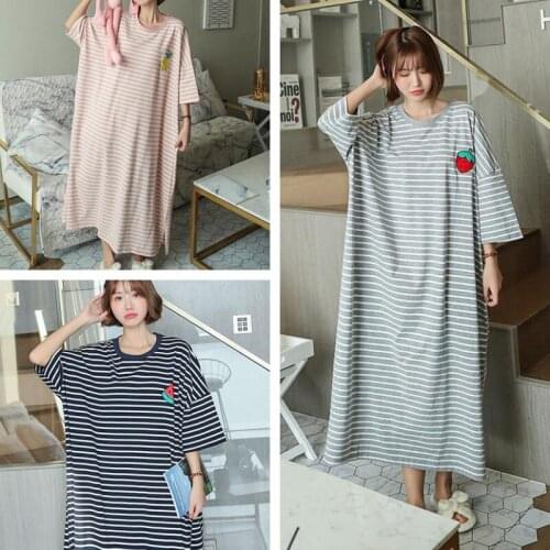 Women Striped Casual Nightdress Short Sleeve Cartoon Fruit Print Loose Large Size Nightgown Cute Girl Casual Sleepshirt