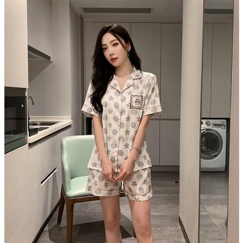 Womens Pajamas Ice Silk Pajamas With Shorts White Printing Nightgown Large Size Sleepwear Sets Female Nightie Home Clothes