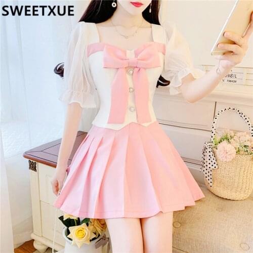 SWEETXUE 2021 Korean Women Summer Fashion Sweet Cute Bow Square Neck Top + Pleated Mini Skirt Suits 2 Pieces Set Outfits Femme