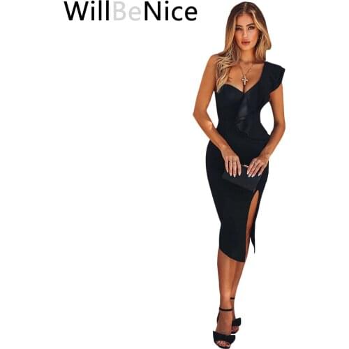 WillBeNice 2019 Summer Women Bandage Dress Black Celebrity Party Dresses Sexy One Shoulder Ruffles Bodycon Club Dress Vestidos