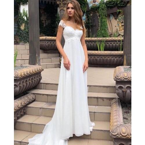 Beach Simple Wedding Dress 2021 Boho A-Line Chiffon Backless Short Sleeve Lace Appliques Bridal Gowns Robe De Marrie Charming