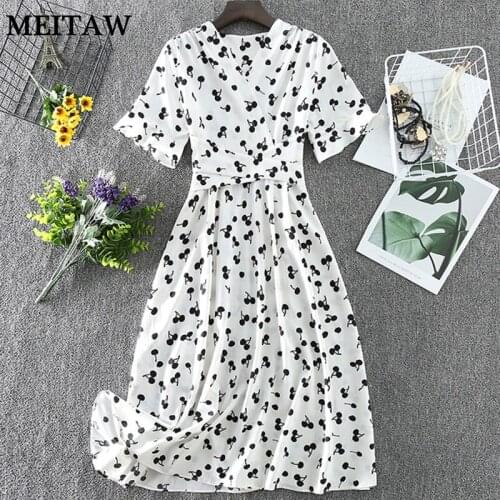 Summer Women Heart Print Chiffon Dress 2021 Casual V-Neck Short Sleeve A-line Midi Dress Elegant Korean Party Dresses