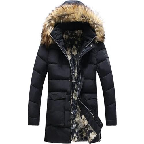2019 Winter Mid-length Hooded Cotton-padded Clothes Mens Fur Collar Thick down Feather Cotton-padded Cloth-Plus-sized Menswear