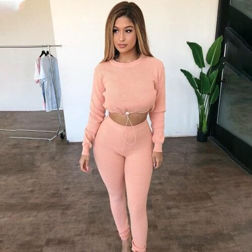 Winter Clothes Women Knit Rib Tracksuit Women Jogging Femme Sportswear Long Sleeve Crop Top + Leggings Bodycon Two Piece Set