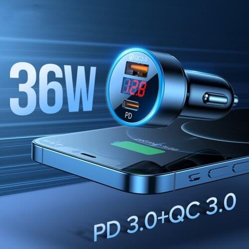 36W Dual Port Car Charger 6A Quick Charge PD QC3.0 Mobile Phone USB Charging Plug LED Digital Display For iPhone Xiaomi Huawei