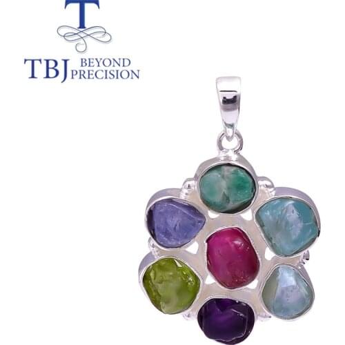 Natural 9.65ct 7 color gemstone Rough pendant necklace 925 sterling silver fine unique handmade jewelry leather chord chain